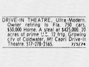 Capri Drive-In For Sale Ad 7/5/74